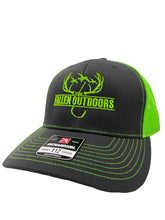 Load image into Gallery viewer, Hooks &amp; Horns Trucker Hat (Charcoal/Neon Green)